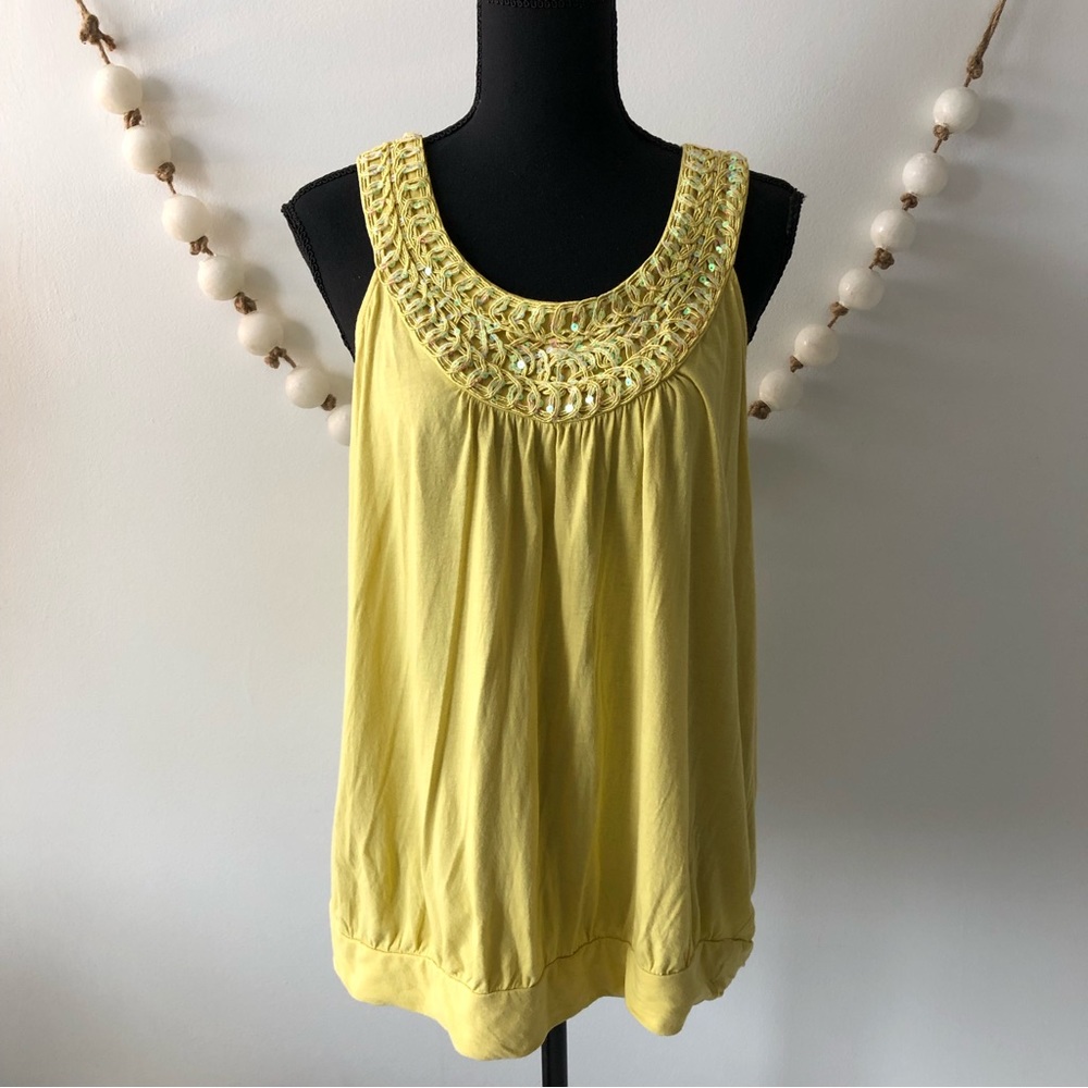 ELLE Pima Cotton Blend Yellow Sequin Accent Tank Top Women's Large (flaws noted)